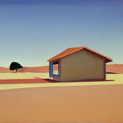 Image similar to motel in a desert rural landscape, painted by Alex Katz and Edward Hopper, airbrush, highly detailed