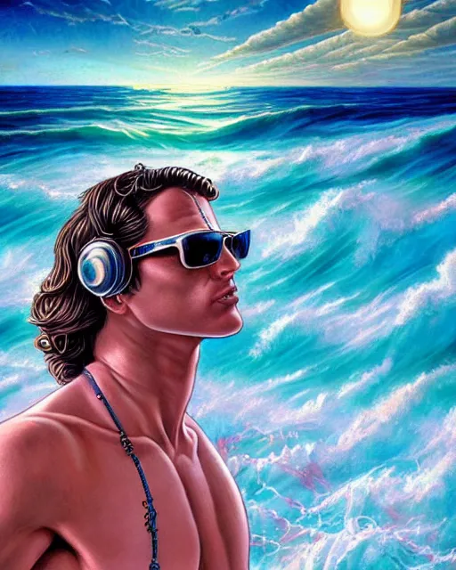 Prompt: synthwave outrun art - deco artdeco greek god poseidon wearing sunglasses and a laurel wreath | highly detailed | very intricate | symmetrical | cinematic lighting | award - winning | closeup portrait | 8 0 s nostalgia | crashing waves, stormy ocean in the background | painted by donato giancola and mandy jurgens and charlie bowater | featured on artstation