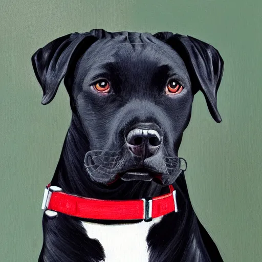 Image similar to painting of a black pitbull lab wearing thin red dog - collar, hyper detailed, thin brush strokes, oil painting