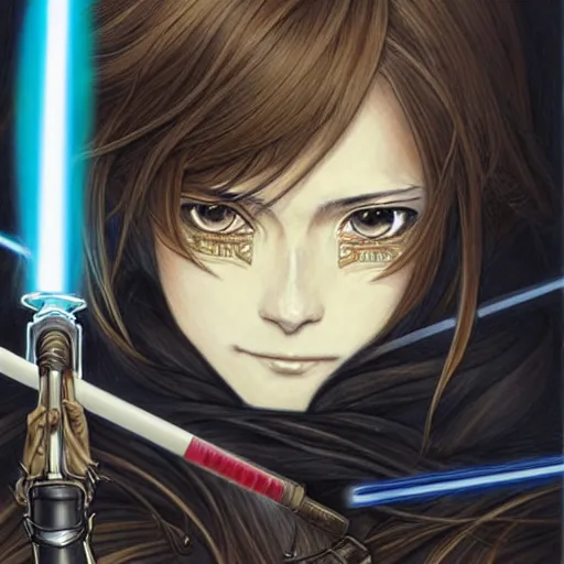 Image similar to Masterpiece head and shoulders portrait of a female Kazuto Kirigaya Kirito, young woman with blonbrown long hair and bangs and wearing a long black coat breast-armor showing through, holding a light saber, face, fantasy, intricate, elegant, highly detailed drawn by Donato Giancola and Fernanda Suarez and Artem Demura, face by Artgerm and Edmund Leighton, Alphonse Mucha, background by James Jean and Gustav Klimt, 4k, porcelain skin, komorebi, french nouveau, trending on pixiv, octane render, hyperrealistic
