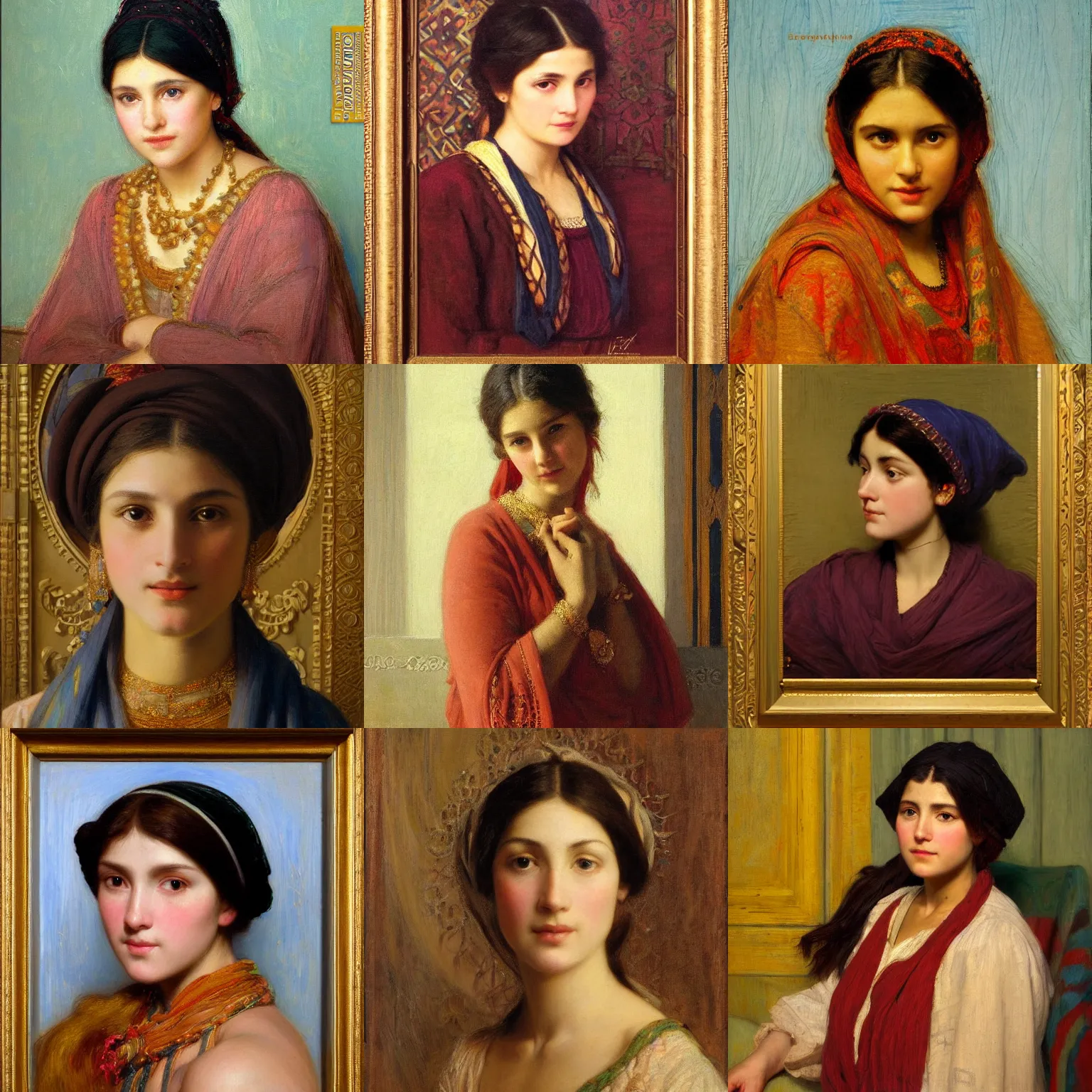 Prompt: orientalism face portrait of a cute female scholar by Edwin Longsden Long and Theodore Ralli and Nasreddine Dinet and Adam Styka, masterful intricate artwork. Oil on canvas, excellent lighting, high detail 8k
