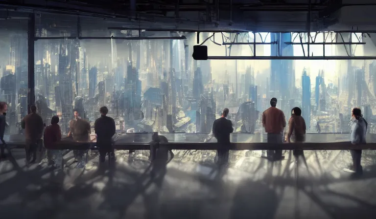 Prompt: group of people in simple warehouse, looking at hologram of futuristic dense metropolis on a table, cinematic concept art, godrays, golden hour, natural sunlight, 4 k, clear details, tabletop model buildings, center model buildings, hologram center, crane shot, crane shot, crane shot