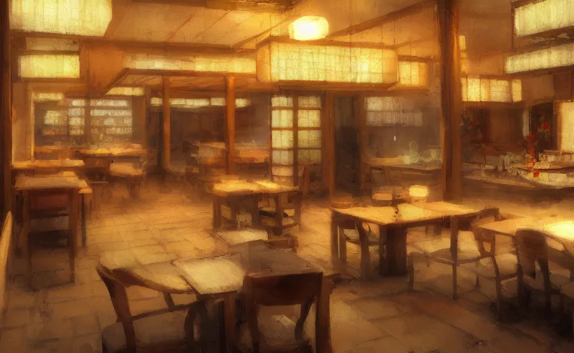 Prompt: a small Japanese restaurant interior, painting by Craig Mullins, octane rendering, soft lighting, wide angle lens, low view, in the style of Pixar animation, trending on artstation,