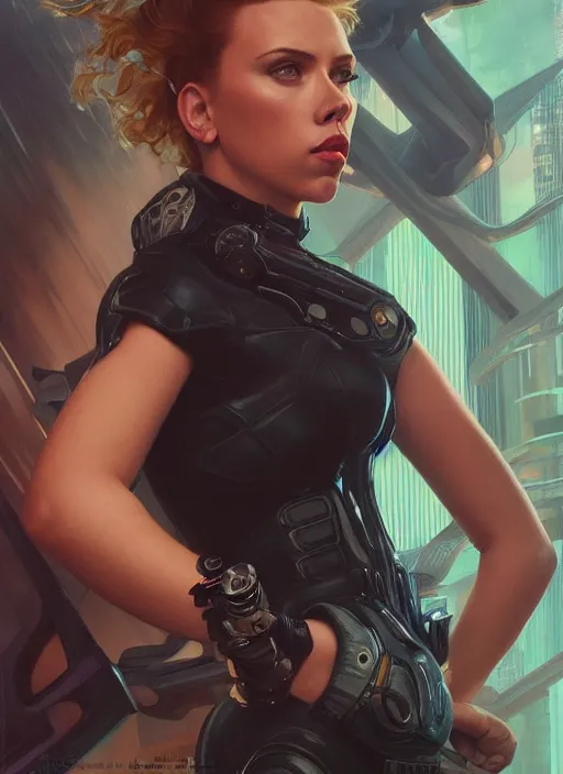 Image similar to full length photo of scarlett johansson the cover of sports illustrated 1 9 6 5, cyberpunk, science fiction, intricate, elegant, highly detailed, digital painting, artstation, concept art, matte, sharp focus, illustration, hearthstone, art by artgerm and greg rutkowski and alphonse mucha