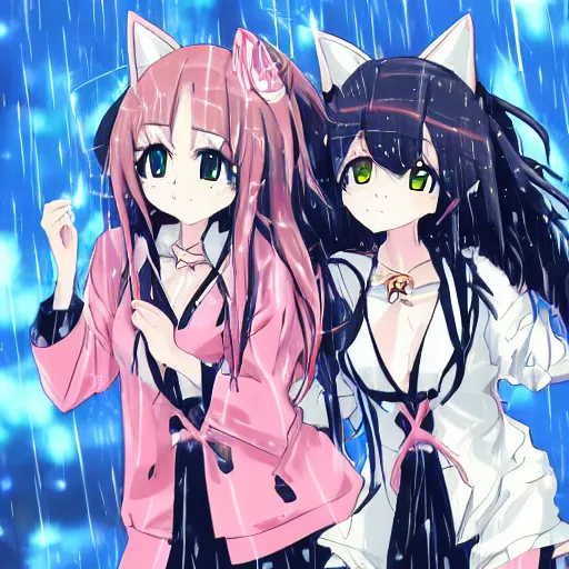 Image similar to key anime visual of a catgirls having fun together, ; rain falling; group shot; trending on Pixiv