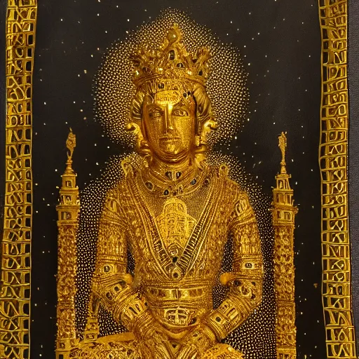 Prompt: epic deatailed golden statue of the King, surrounded by intricate gold lace metalwork on a black smokey background. metallic, accent lighting, glowing, gold