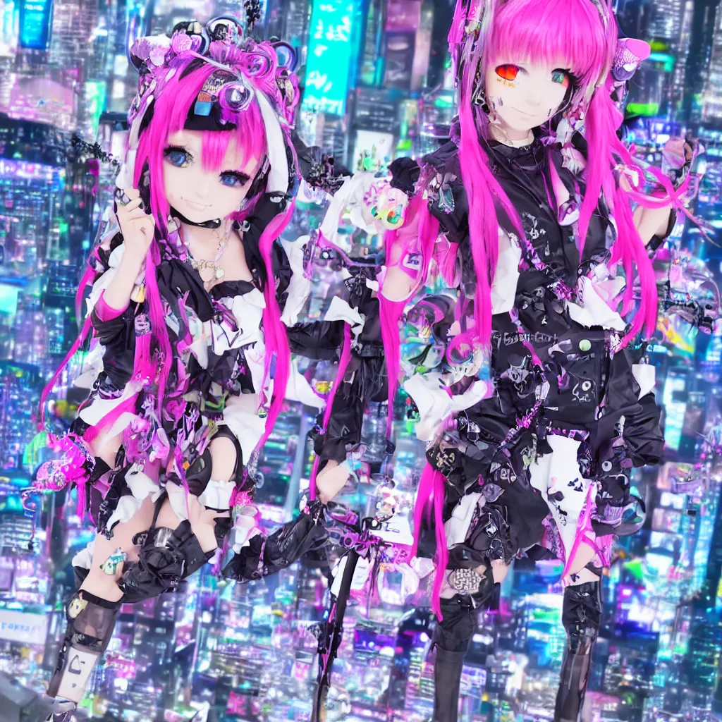 Image similar to 3 d anime render of a decora gyaru kawaii cybergoth emo fashion model vtuber, in a cyberpunk blade runner maximalist city of my melody sanrio plushies, artstation cgsociety