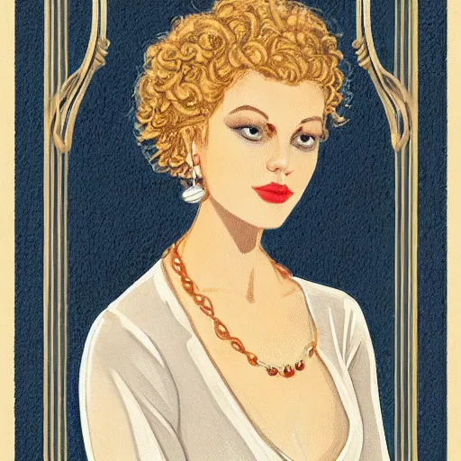 Image similar to ornate by cyril pontet flax. illustration. a beatiful portrait of a young woman, pictured from the shoulders up, wearing a pearl necklace & earrings. she has blonde hair that is styled in loose curls, & she is looking to the side with a soft expression.