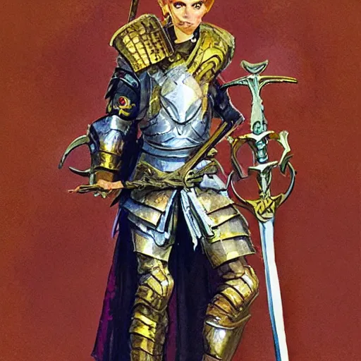 Image similar to beverly toegold, epic level dnd male halfling nature paladin, wielding the holy avenger sword, wearing magical gleaming chainmail armor. full character concept art, realistic, high detail digital gouache painting by angus mcbride and michael whelan and jeffrey jones