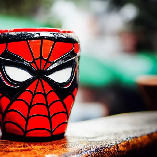 Image similar to a closeup photorealistic capture of glossy spider man style tiki mug at an outdoor trader vic's bar featuring the face of spider man. tiki theme. bright scene. fine detail. this 4 k hd image is trending on artstation, featured on behance, well - rendered, extra crisp, features intricate detail, epic composition and the style of unreal engine.