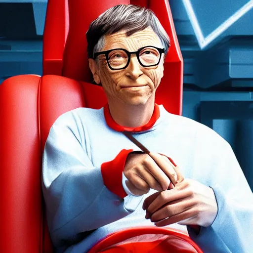 Prompt: bill gates as a character of the film akira, sitting in a throne, hanging a sword, kastuhiro otomo, high detail, 4 k