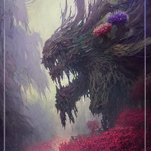 Image similar to a beautiful terrifying monster made of flowers. ethereal horror fantasy art by greg rutkowski and raymond swanland and monet