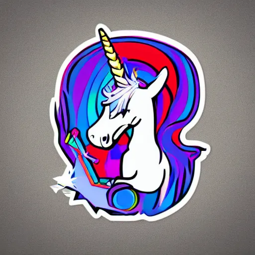 Prompt: svg vector sticker of a Unicorn-Pegasis, rocking out, wearing headphones, huge speakers, dancing, rave, DJ, spinning records, digital art, amazing composition, rule-of-thirds, award-winning, trending on artstation, featured on deviantart