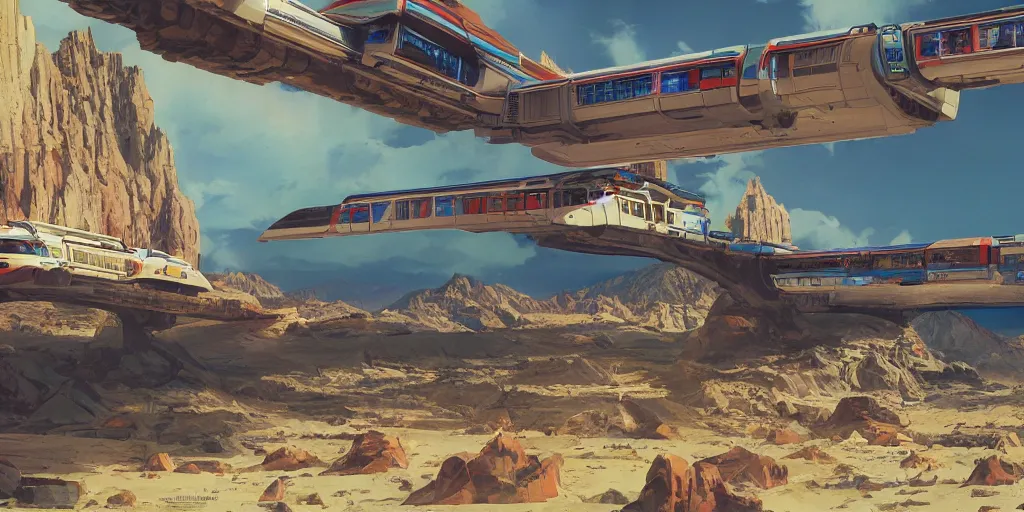 Prompt: concept art monorail shonan in martian landscape, brutalism, colorful, syd mead, norman rockwell, 4 k resolution, octane render, intricate, artstation trending