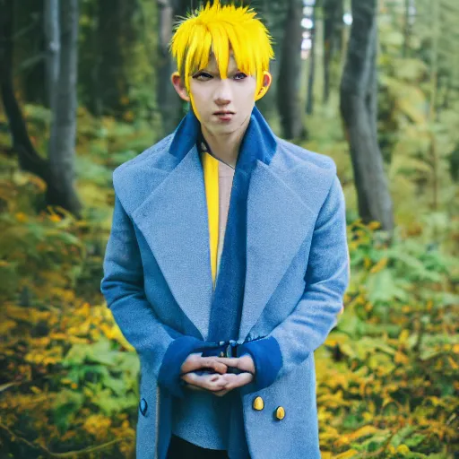 Image similar to rimuru tempest, young man blue hair yellow eyes, canon eos r 3, f / 1. 4, iso 2 0 0, 1 / 1 6 0 s, 8 k, raw, unedited, symmetrical balance, in - frame