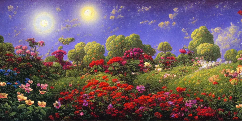 Prompt: a flowering garden on the moon, impasto paint in the style of martin johnson heade,