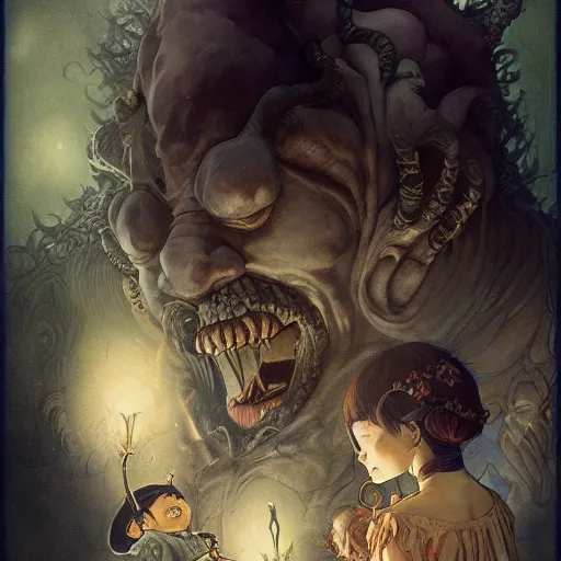 Prompt: a victorian monster standing over a sleeping child, illustrated by miyazaki by karol bak, james jean, tom bagshaw, rococo, sharp focus, trending on artstation, cinematic lighting