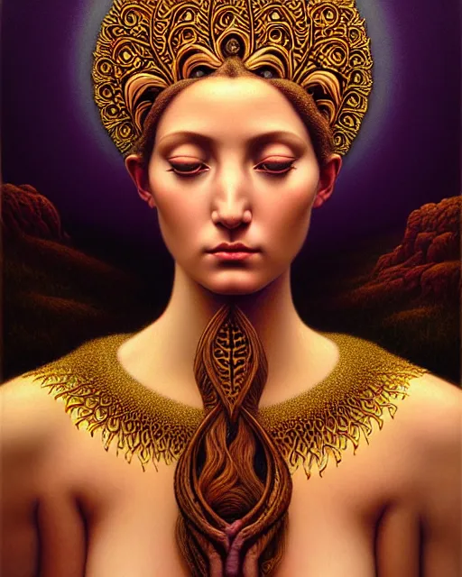 Image similar to portrait of the goddess of nature, unusual beauty, emotionally evoking symbolic metaphors, head in focus, fantasy, ornamental, intricate, elegant, sensual, highly detailed digital painting, artstation, concept art, painterly, golden ratio, sharp focus, illustration, art by John William Godward and Zdzisław Beksiński,