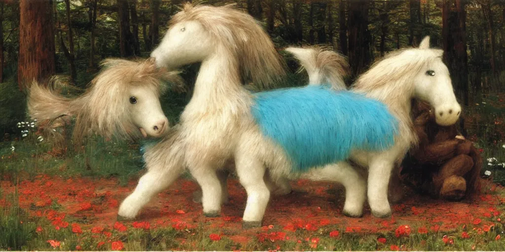 Image similar to 3 d precious moments plush animal, realistic fur, stuffed animal horse, teal, deep blue, storm, graves, night, master painter and art style of john william waterhouse and caspar david friedrich and philipp otto runge