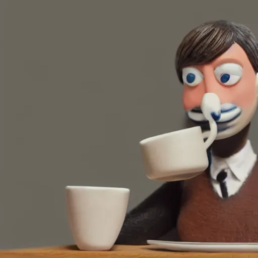 Prompt: Claymation art of a man sipping tea, natural lighting, extremely detailed