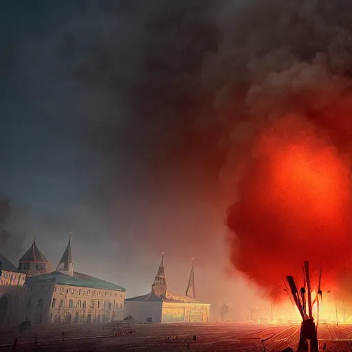 Image similar to a big explosion with clubs of smoke in the form of cotton plant in Red Square Kremlin, dynamic lighting, cinematic, extremely high detail, photo realistic, cinematic lighting, post processed, concept art, artstation, matte painting, unreal engine 8k