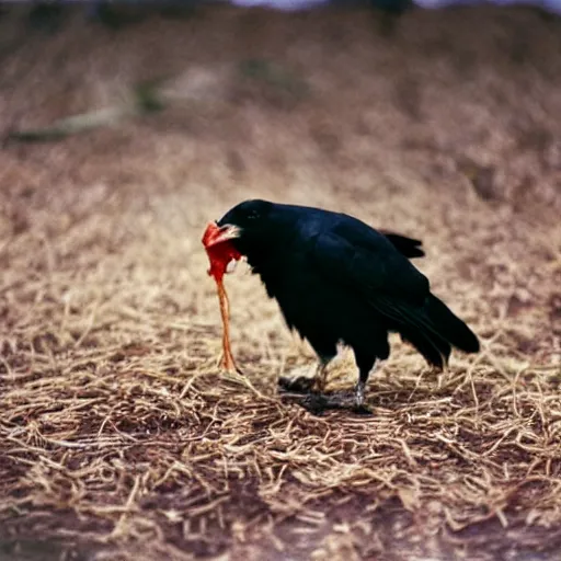 Prompt: photo of a crow eating a chicken wing, cinestill, 800t, 35mm, full-HD