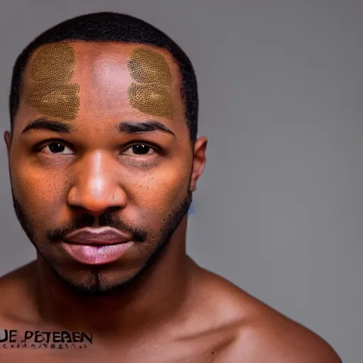 Image similar to black guy photoshoot headshot. 6 holes on forehead like dice pattern