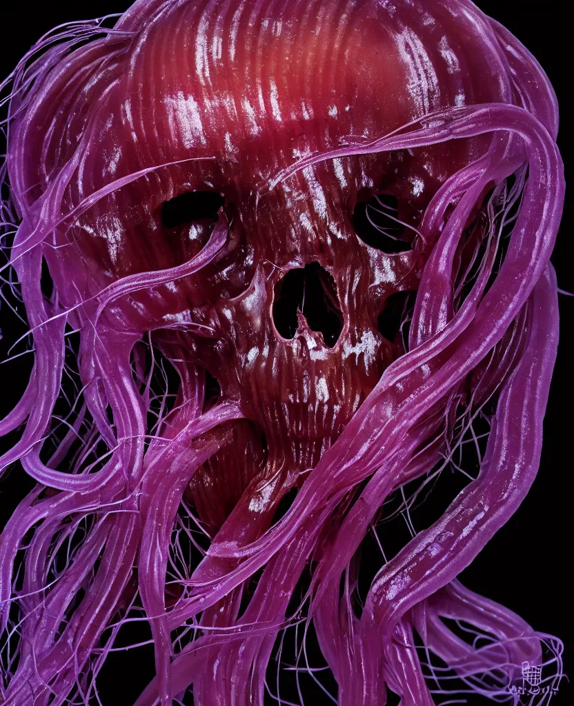 Image similar to fully black background. background hex 000000. goddess princess face close-up portrait ram skull. ьфву ща вшсркщшс щиынвшфт. jellyfish phoenix head, nautilus, orchid, skull, betta fish, bioluminiscent creatures, intricate artwork by Tooth Wu and wlop and beeple. octane render, trending on artstation, greg rutkowski very coherent symmetrical artwork. cinematic, hyper realism, high detail, octane render, 8k