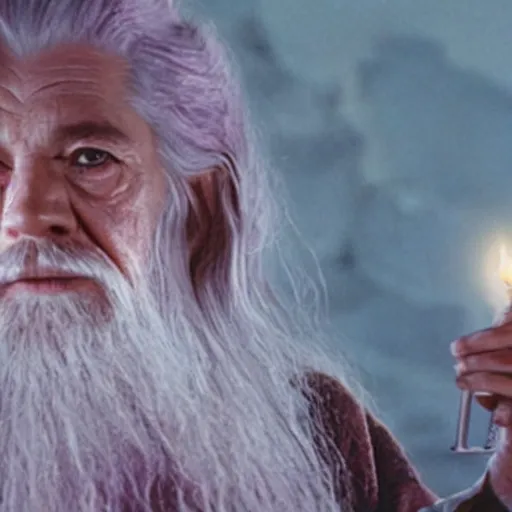 Image similar to portrait of gandalf, wearing a large pink hairclip, holding a blank playing card up to the camera, movie still from the lord of the rings