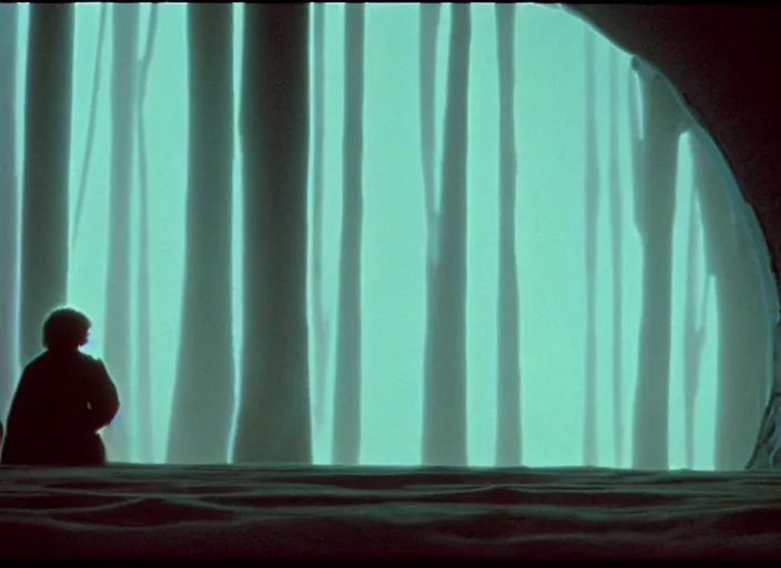 Prompt: Luke skywalker kneels before a strange star wars alien jedi oracle, a mystic with infinite knowledge of time. a strange ethereal foggy pink land. still from the 1983 film space odyssey directed by Stanley Kubrick, symmetrical framing, anamorphic, Photographed with Leica Summilux-M 24 mm lens, kodak stock, ISO 100, f/8, Portra 400