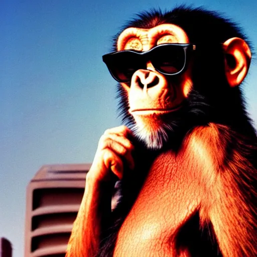 Prompt: high quality 8 k movie still of a smiling and arrogantly chill looking chimpanzee wearing very cool dark sunglasses, highly detailed, cinematic composition, 1 9 8 0 s retro hippie vintage hipster art, profile photography, leon the professional poster