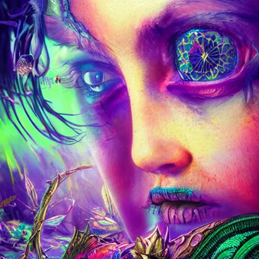 Prompt: lost in the fae court, menacing, hyper realism, 4k, intricate, colorful
