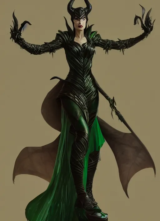 Image similar to female loki as maleficent, naturel, hyper detailed, digital art, trending in artstation, cinematic lighting, studio quality, smooth render, unreal engine 5 rendered, octane rendered, art style by klimt and nixeu and ian sprigger and wlop and krenz cushart