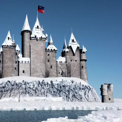 Prompt: A castle made entirely of ice, with snow-capped towers and a frozen moat