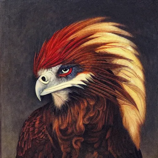 Image similar to a side portrait of a red bearded vulture gryphon, award winning, in the style of roberto ferri, Arnold bocklin, and austin osman spare, a fantasy gryphon, highly detailed