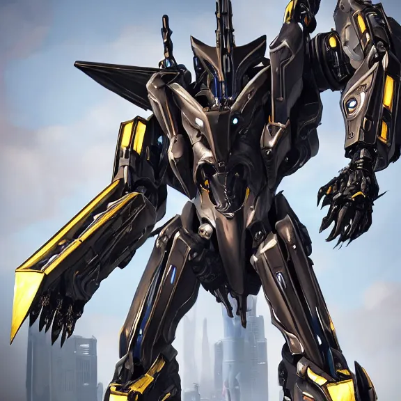 Image similar to cinematic shot, 35 foot tall extremely detailed beautiful handsome quadrupedal western robot mecha dragon, sharp edged black armor, shining gold accents around the edges, sleek OLED blue visor for eyes, four legs, walking in busy neon city streets, sharp claws, epic shot, highly detailed art, sci fi, furry, 3D realistic, warframe fanart, destiny fanart, furry art, dragon art, feral art, macro art, furaffinity, DeviantArt, sofurry