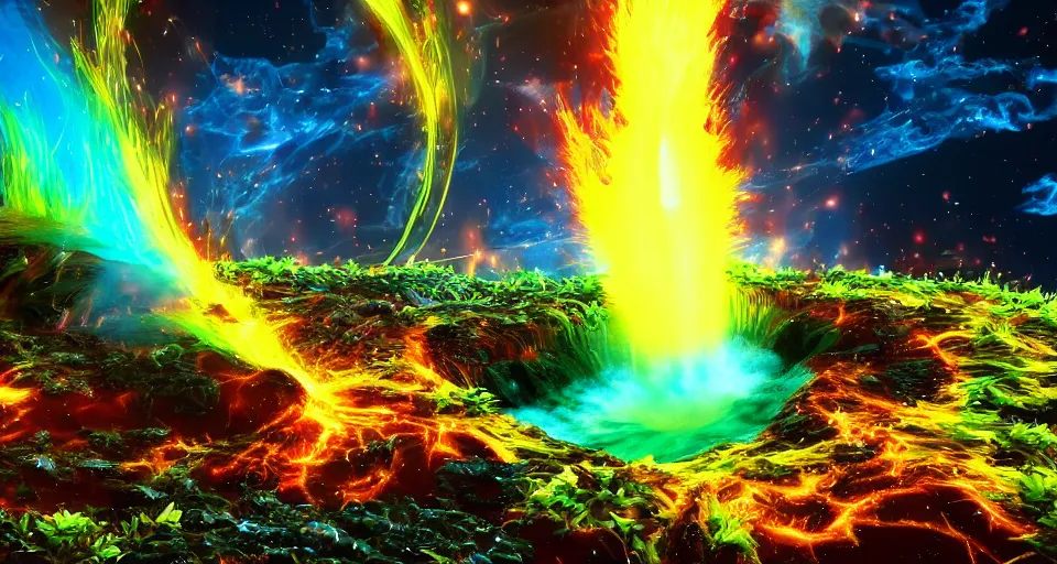 Image similar to plant of water crashing into a planet of fire, bright explosion