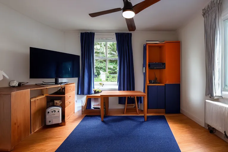 Prompt: a 10 by 11 foot room with a bed, big desk, two wooden wardrobes, a little side table in a light wood veneer, a window, desk fan, table light, and an old boxy TV carpeted with navy blue low pile carpet with a ceiling fan gives off a dim orange light, Ultra realistic