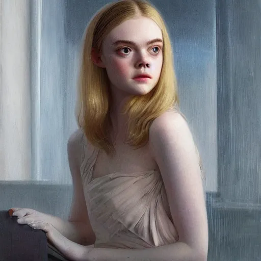 Image similar to Elle Fanning in the style of Paola Vetri, head and shoulders portrait, stormy weather, extremely detailed masterpiece, oil on canvas, low-key neon lighting, artstation, Blade Runner 2049, Roger Deakin’s cinematography, by J. C. Leyendecker and Peter Paul Rubens and Edward Hopper and Michael Sowa,