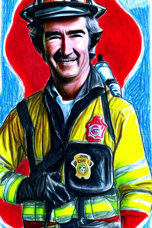 Image similar to a drawing of randy mantooth as a fire fighter by a child, bright colours, detailed