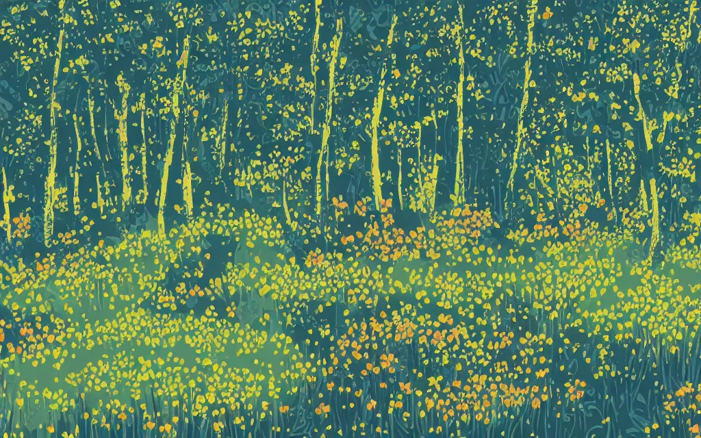 Prompt: a sprawling flowery meadow with tall trees, in the style of Eyvind Earle