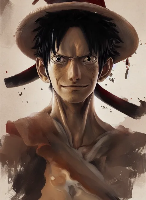 Image similar to a professional digital painting of luffy, beautiful bone structure, symmetrical facial features, intricate, elegant, concept art, sharp detail, focused, illustration, smooth render, art style by Ruan Jia and Mandy Jurgens and Ian Spriggs and William-Adolphe Bouguerea