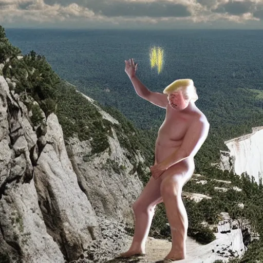 Image similar to hyper realistic photo of donald trump peeing off a cliff
