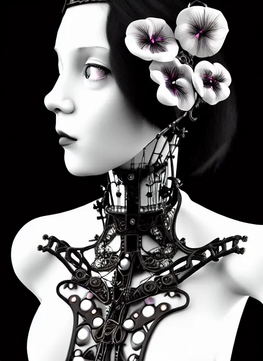 Prompt: 1 9 3 0 black and white gothic masterpiece profile face portrait, one steampunk eye biomechanical beautiful young female cyborg - vampire, body meshes, big monocular, volumetric light, hibiscus flowers, by hg giger, rim light, big gothic fashion pearl embroidered collar, 8 k