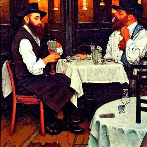 Prompt: hasidic man dining at cafe beignet on bourbon street in the style of norman rockwell