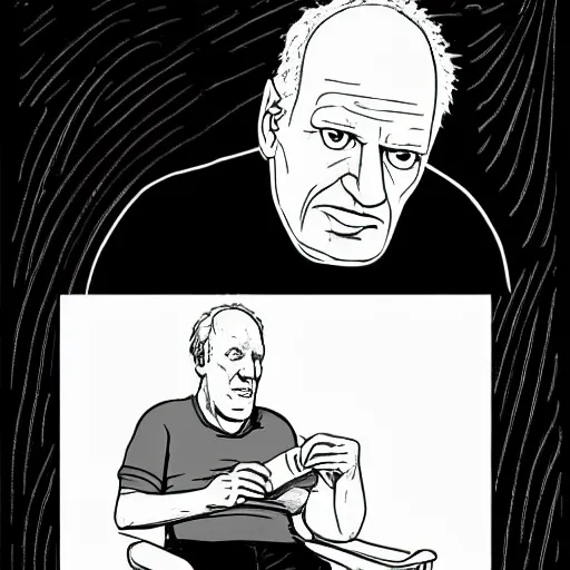 Prompt: werner herzog sits in the waiting area at the dmv holding bolt cutters. childrens coloring book, chris ware, nick drnaso, stylised graphic novel, black and white, coloring pages