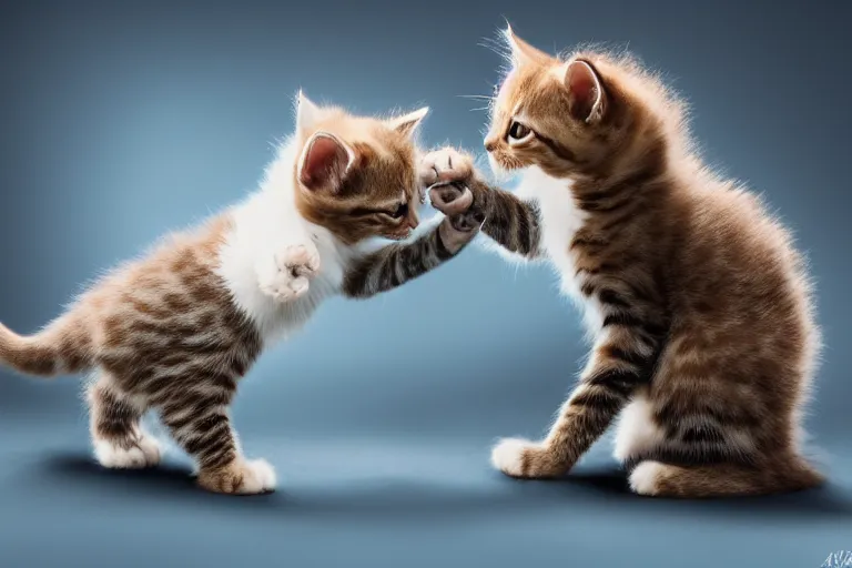 Image similar to A professional photo of two kittens play-fighting each other; high-quality, dramatic lighting, extremely high detail, trending on artstation