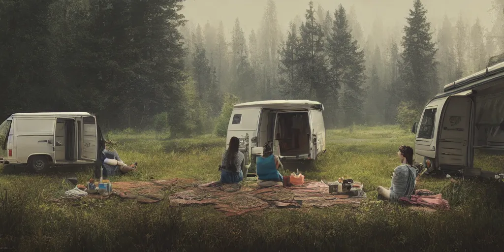 Image similar to looking out of the back of a van, two women camping, elegant scene, low angle, wide angle, indian forest, wide angle, cinematic, ultrarealistic, trending on artstation, cgsociety, highly detailed, color graded, rendered in unreal engine 4 k hq, matte painting, by simon stalenhag and hudson river school, horizon forbidden west