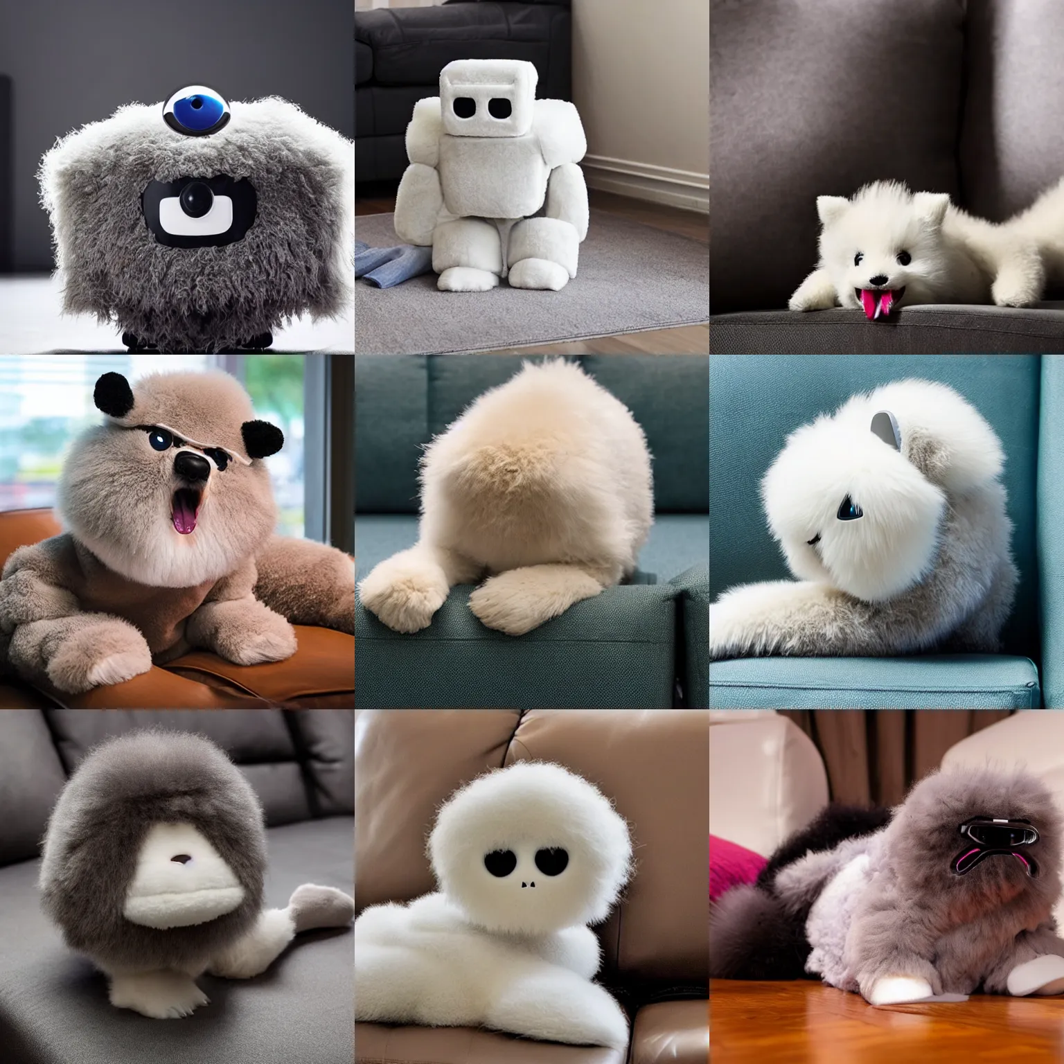 Prompt: <picture quality=hd+ mode='attention grabbing'>an adorable fluffy robot licks itself clean on the couch</picture>