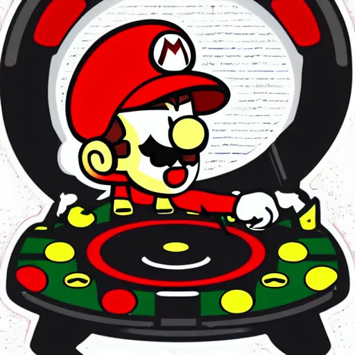 Image similar to svg sticker of a Pop-Wonder SuperMario, Mario-Wearing-a-red-hat, at a rave, spinning records, giant headphones rocking out, wearing headphones, huge speakers, dancing, rave, DJ, spinning records, digital art, amazing composition, rule-of-thirds, award-winning, trending on artstation, featured on deviantart